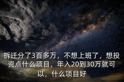 拆遷分了3百多萬，不想上班了，想投資點什么項目，年入20到30萬就可以，什么項目好