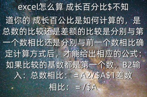 excel怎么算 成長百分比$不知道你的 成長百公比是如何計算的，是總數(shù)的比較還是差額的比較是分別與第一個數(shù)相比還是分別與前一個數(shù)相比確定計算方式后，才能給出相應(yīng)的公式：如果比較的基數(shù)都是第一個數(shù)，B2輸入：總數(shù)相比：＝A2/$A$1差數(shù)相比：＝/$A